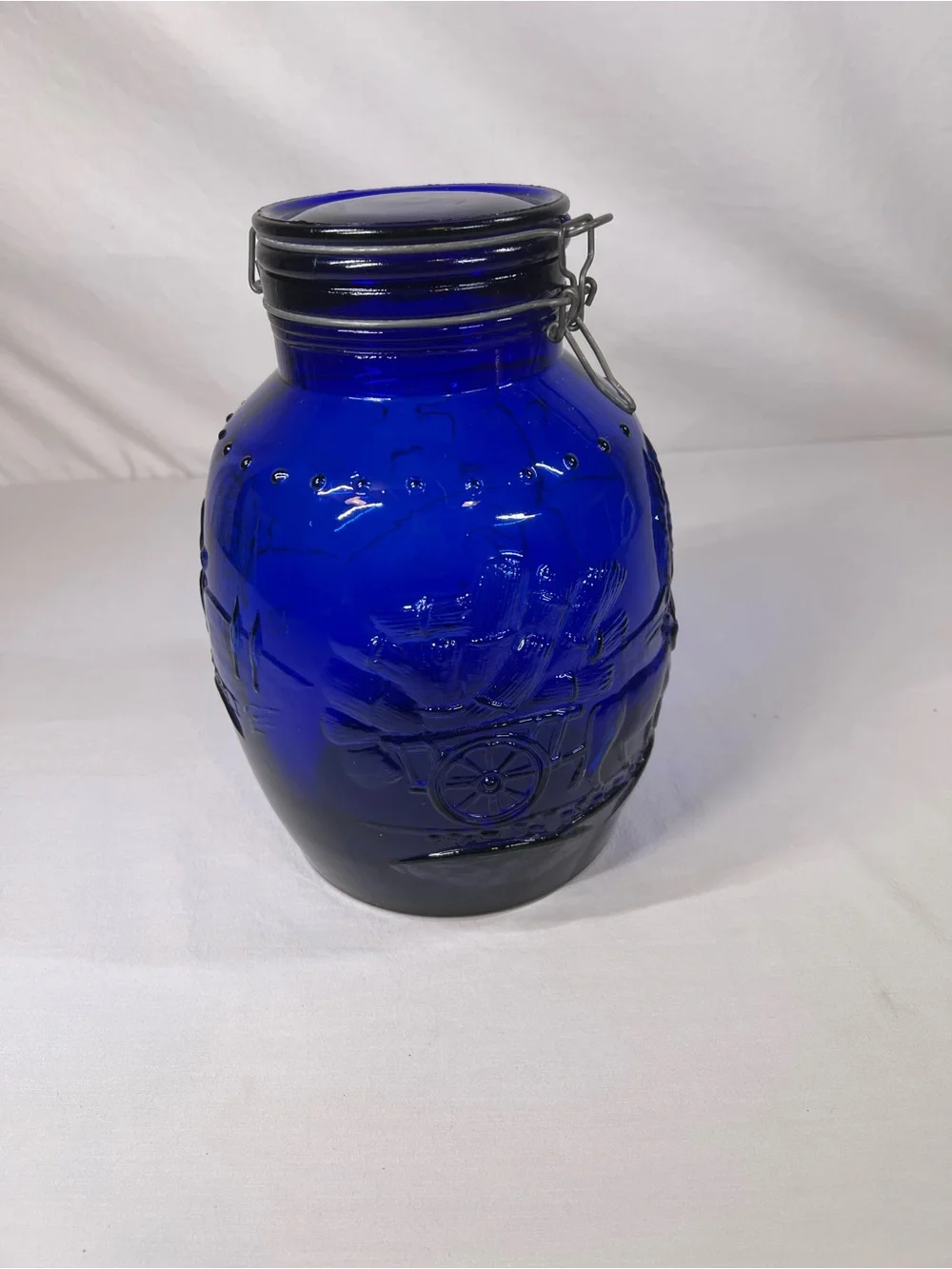 Made in Italy Cobalt Blue Glass Canister Vase with Embossed Design
